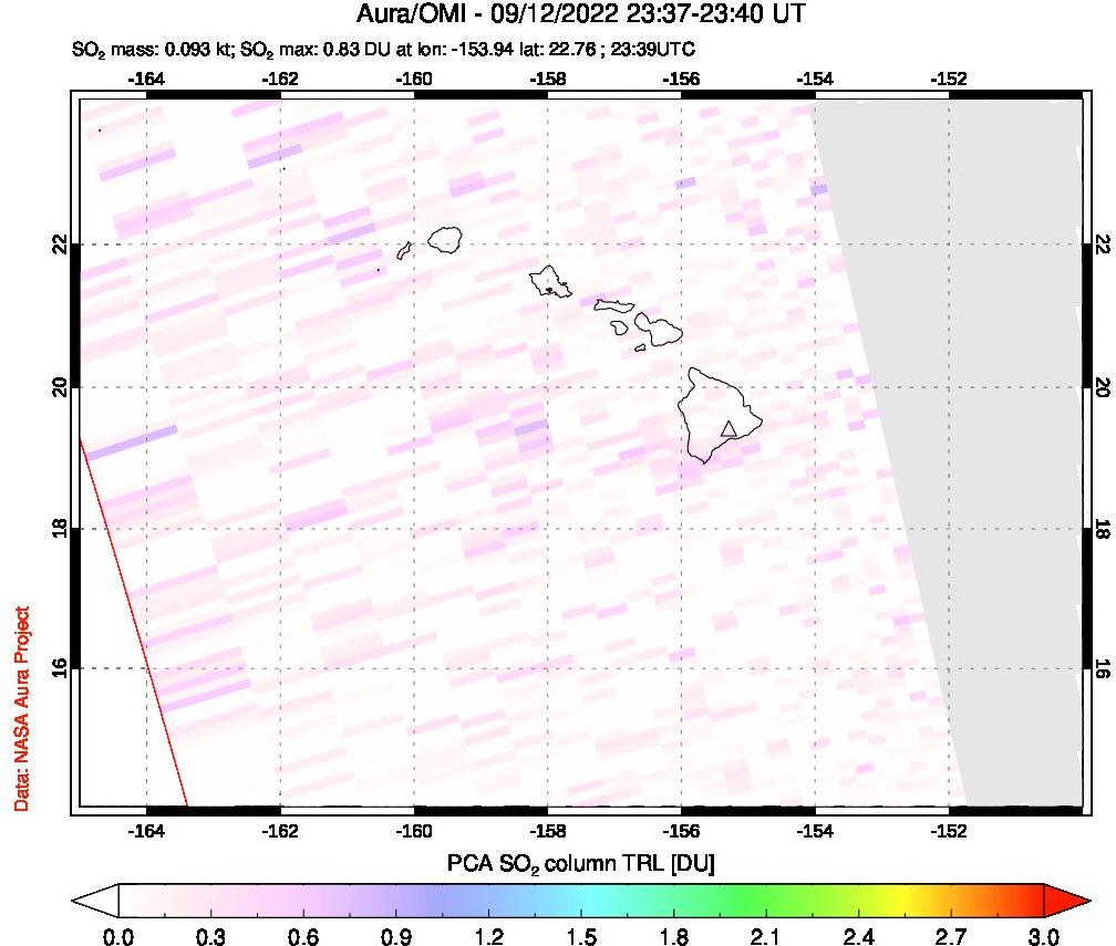 A sulfur dioxide image over Hawaii, USA on Sep 12, 2022.