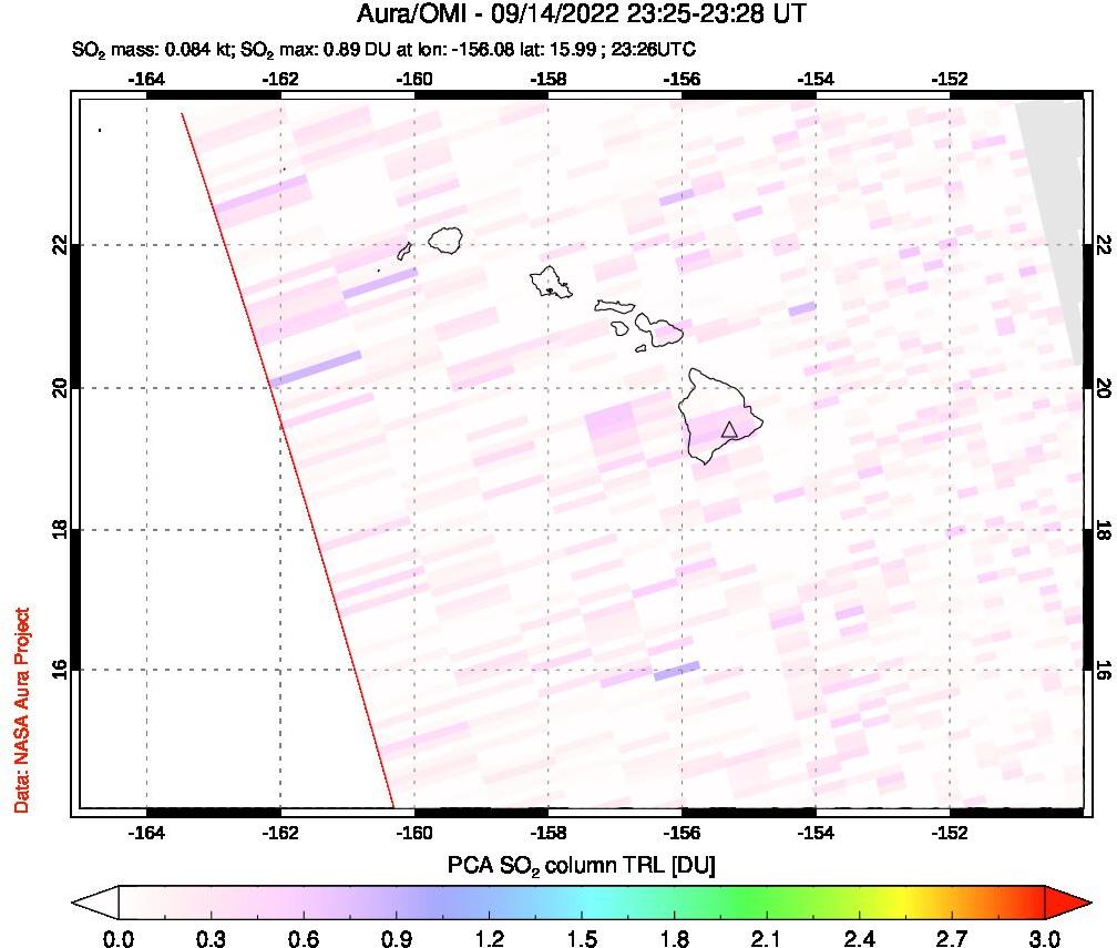 A sulfur dioxide image over Hawaii, USA on Sep 14, 2022.