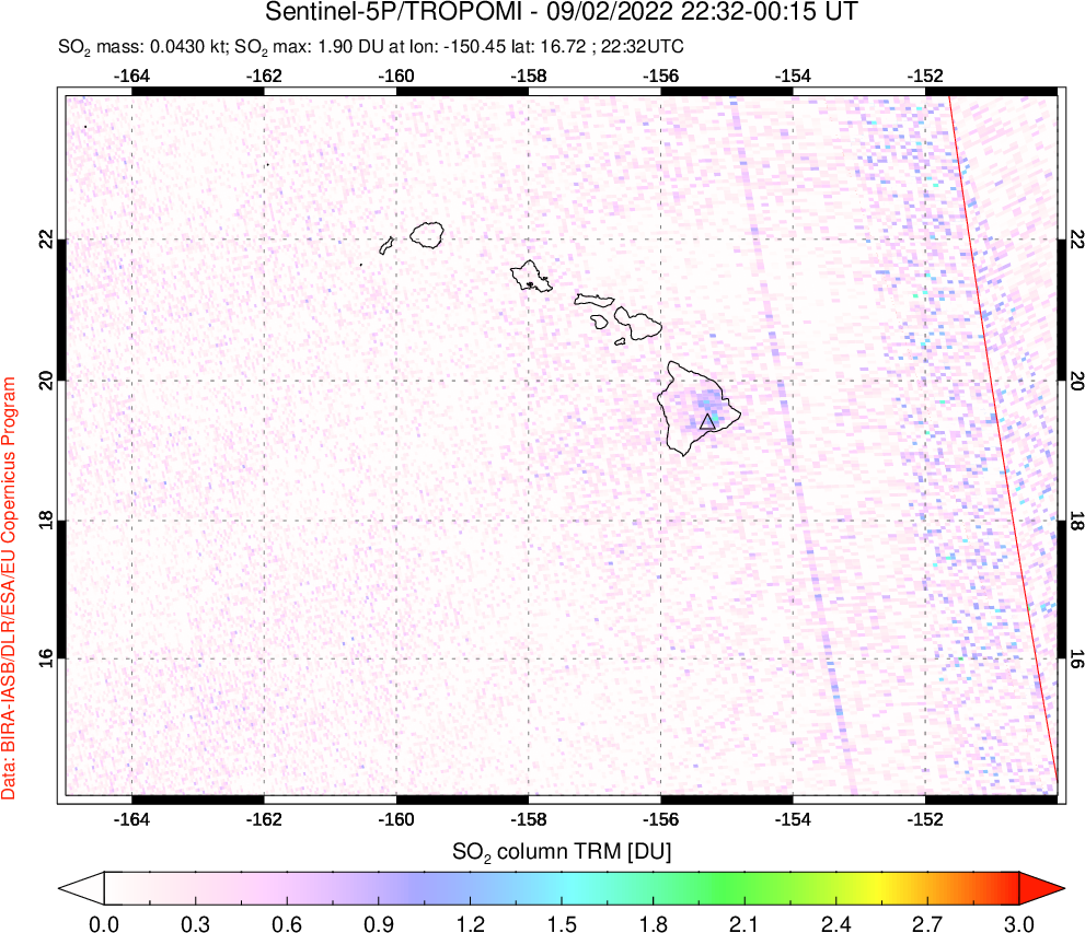 A sulfur dioxide image over Hawaii, USA on Sep 02, 2022.