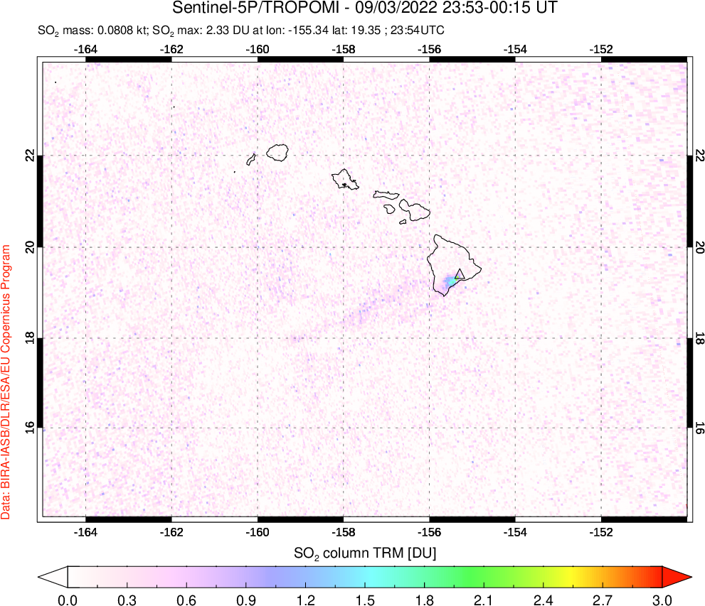 A sulfur dioxide image over Hawaii, USA on Sep 03, 2022.