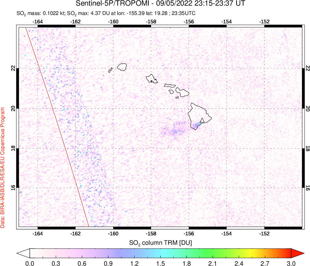 A sulfur dioxide image over Hawaii, USA on Sep 05, 2022.