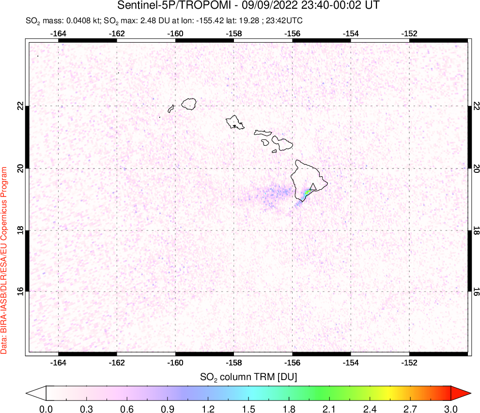 A sulfur dioxide image over Hawaii, USA on Sep 09, 2022.