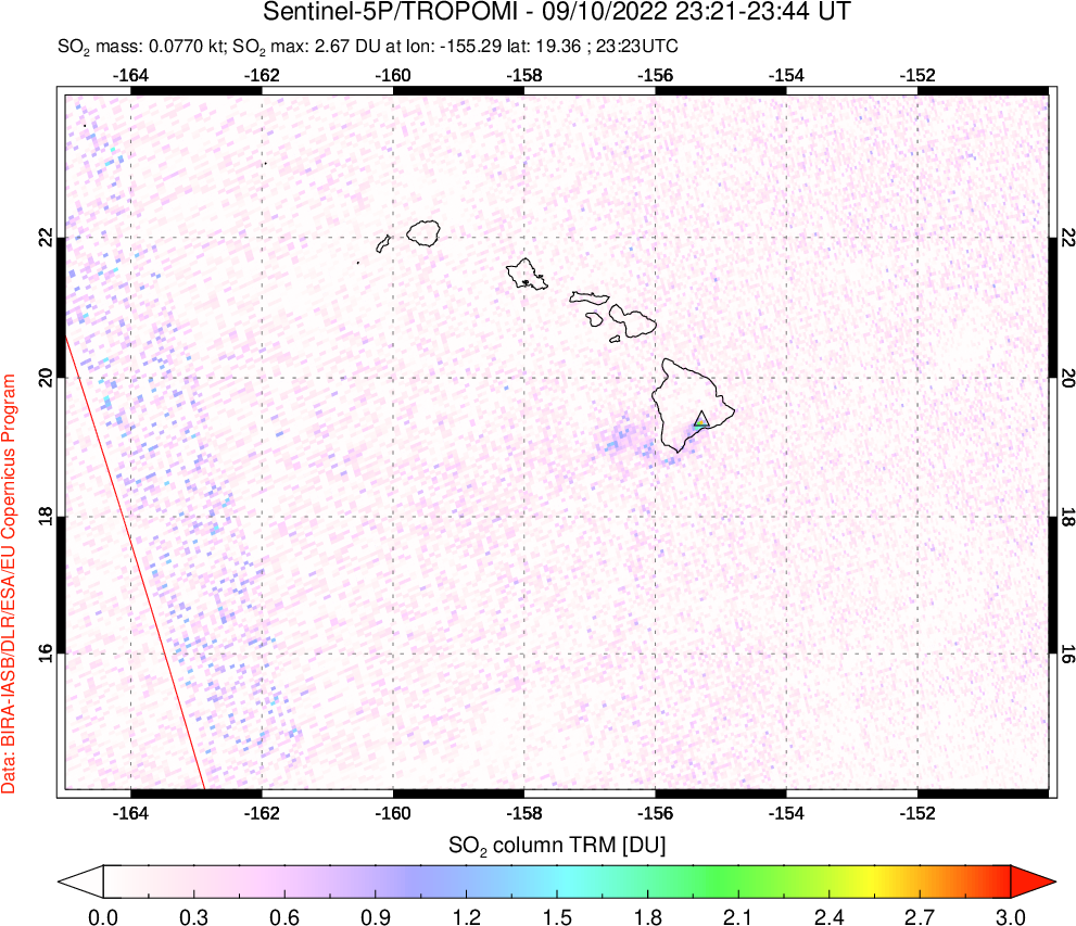 A sulfur dioxide image over Hawaii, USA on Sep 10, 2022.