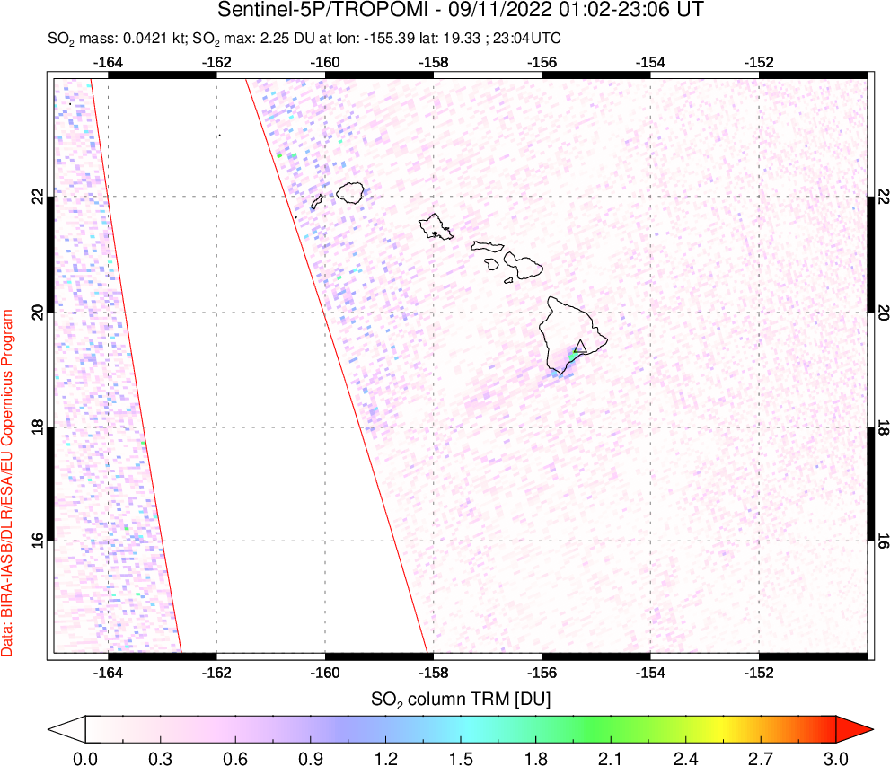 A sulfur dioxide image over Hawaii, USA on Sep 11, 2022.