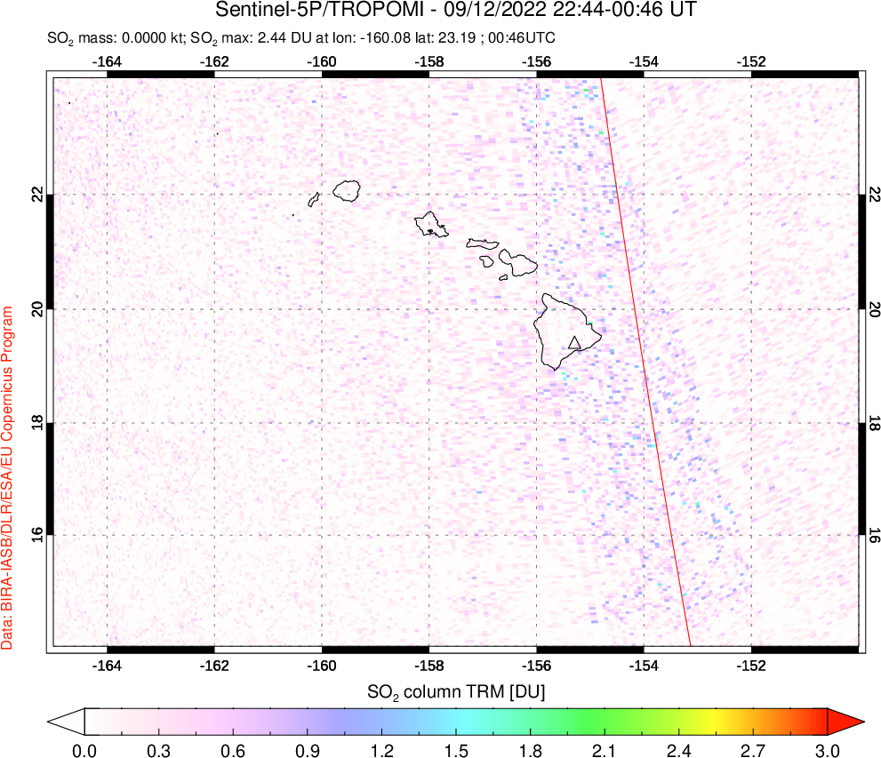A sulfur dioxide image over Hawaii, USA on Sep 12, 2022.