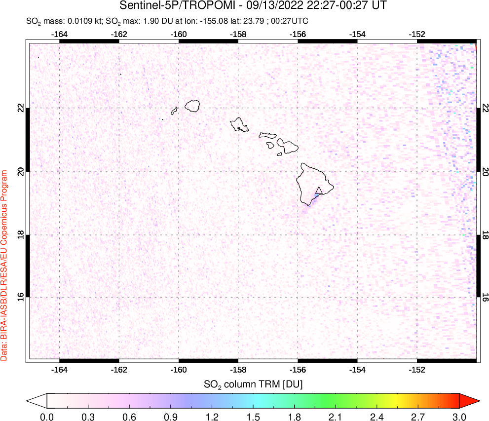 A sulfur dioxide image over Hawaii, USA on Sep 13, 2022.
