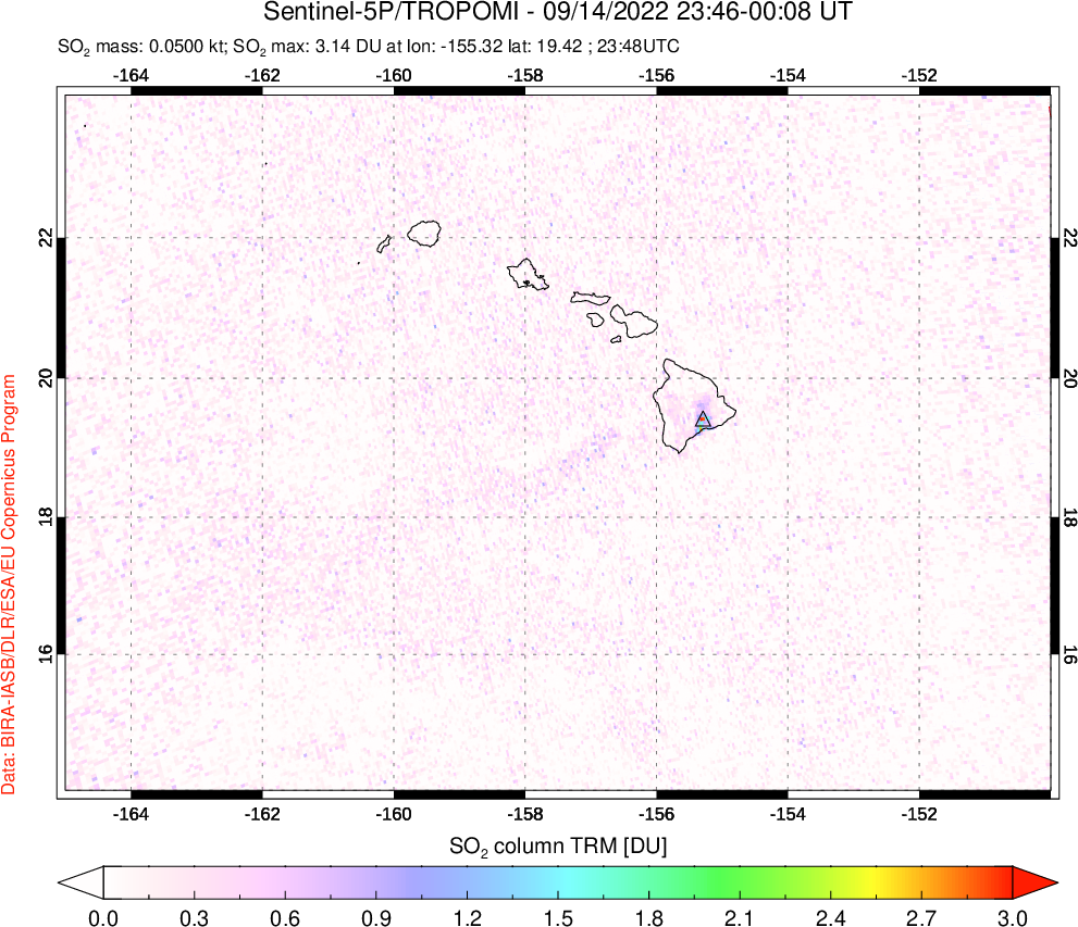 A sulfur dioxide image over Hawaii, USA on Sep 14, 2022.
