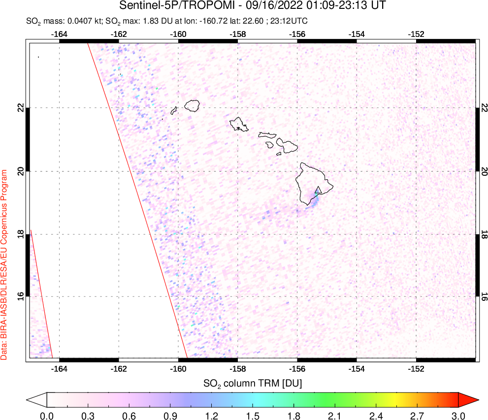 A sulfur dioxide image over Hawaii, USA on Sep 16, 2022.