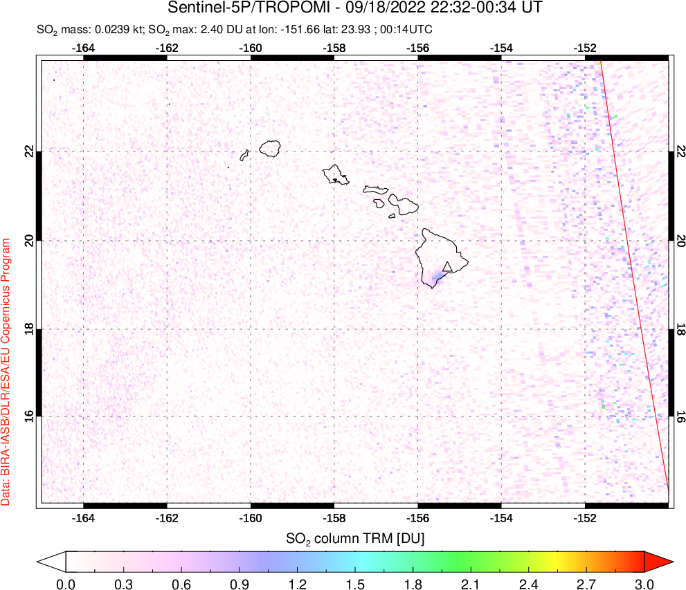 A sulfur dioxide image over Hawaii, USA on Sep 18, 2022.