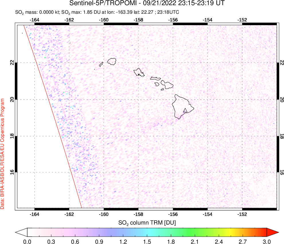A sulfur dioxide image over Hawaii, USA on Sep 21, 2022.