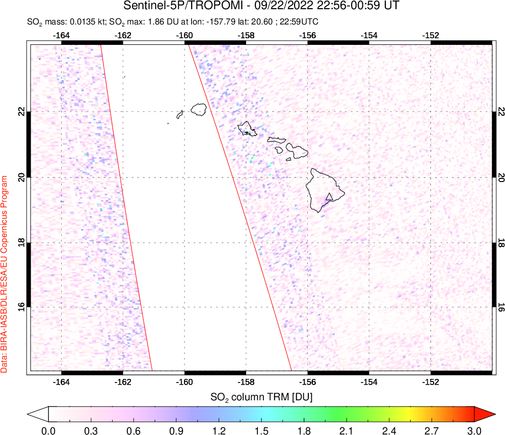 A sulfur dioxide image over Hawaii, USA on Sep 22, 2022.