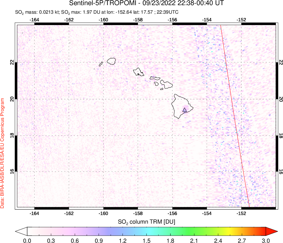 A sulfur dioxide image over Hawaii, USA on Sep 23, 2022.