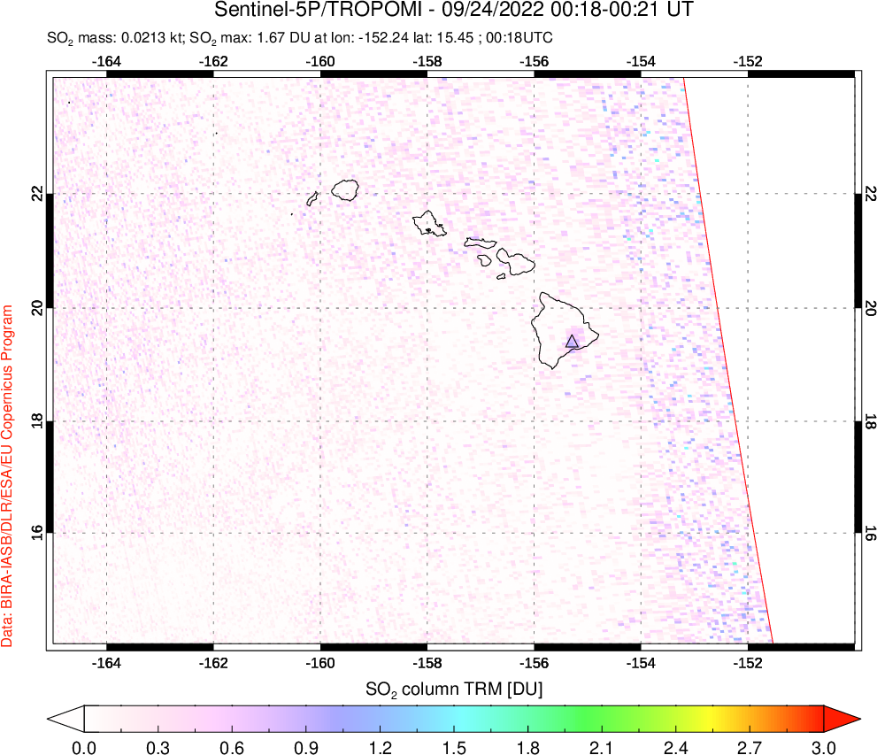 A sulfur dioxide image over Hawaii, USA on Sep 24, 2022.