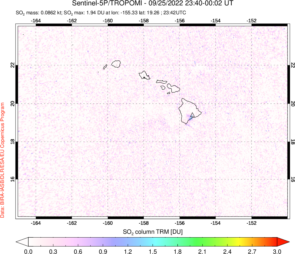 A sulfur dioxide image over Hawaii, USA on Sep 25, 2022.