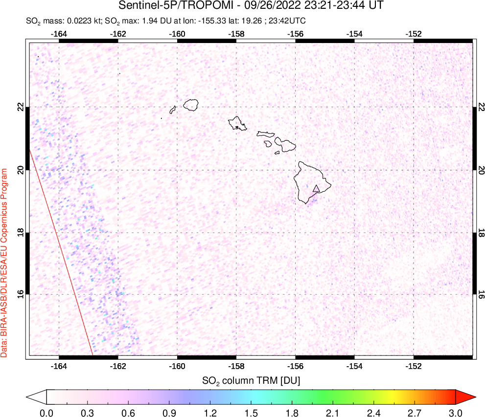 A sulfur dioxide image over Hawaii, USA on Sep 26, 2022.