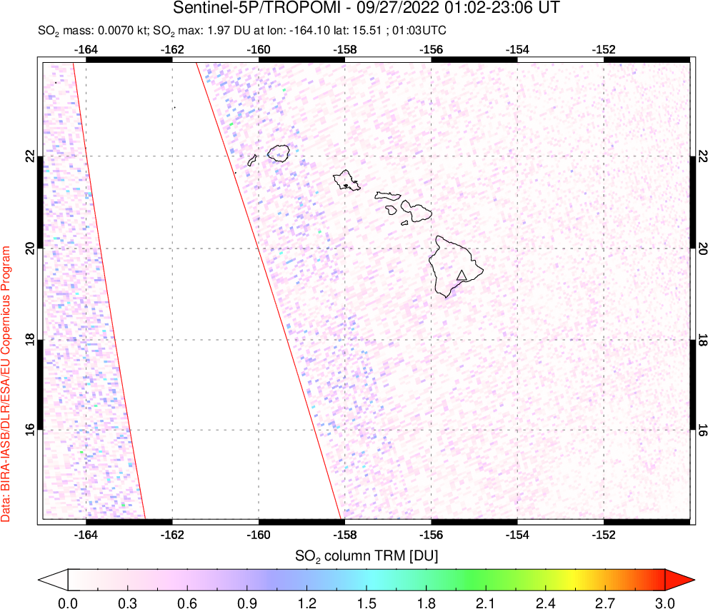 A sulfur dioxide image over Hawaii, USA on Sep 27, 2022.
