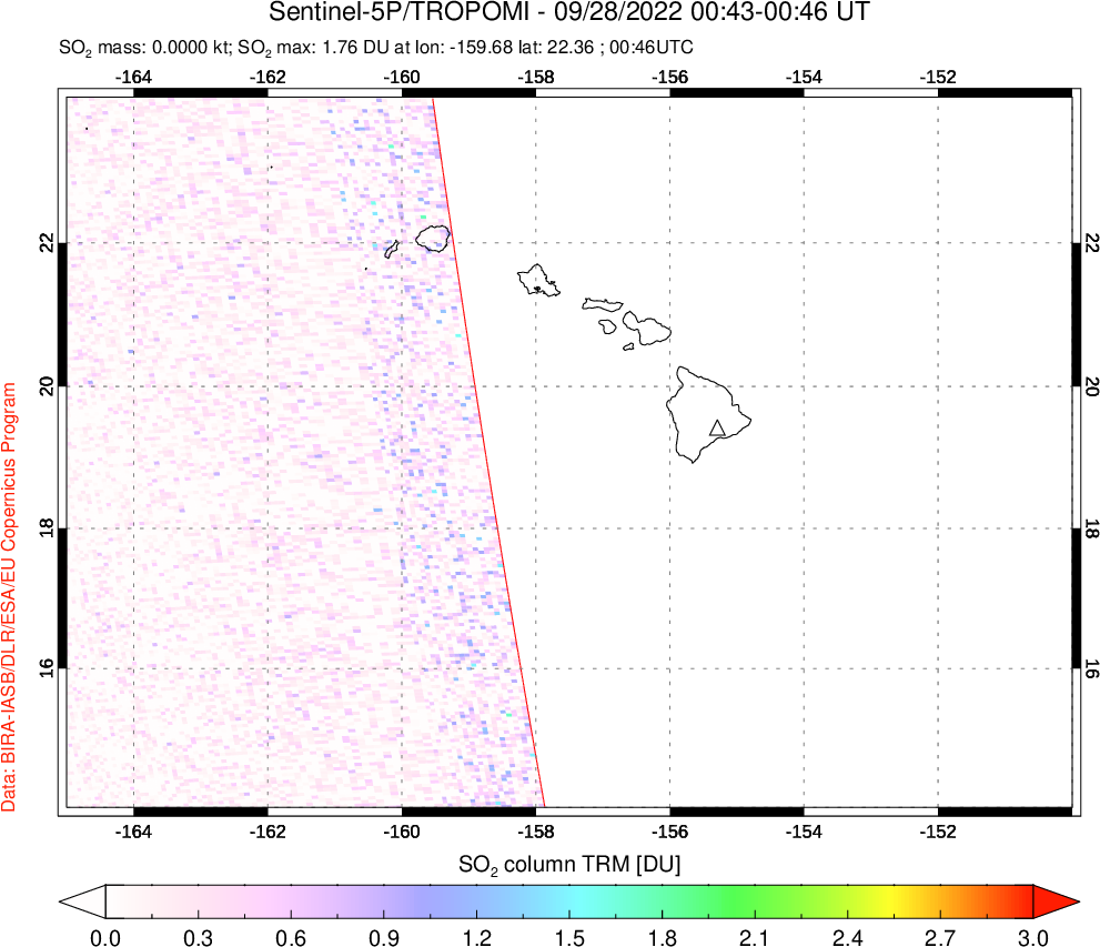 A sulfur dioxide image over Hawaii, USA on Sep 28, 2022.