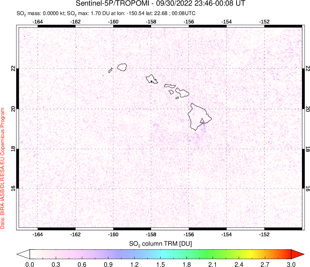 A sulfur dioxide image over Hawaii, USA on Sep 30, 2022.