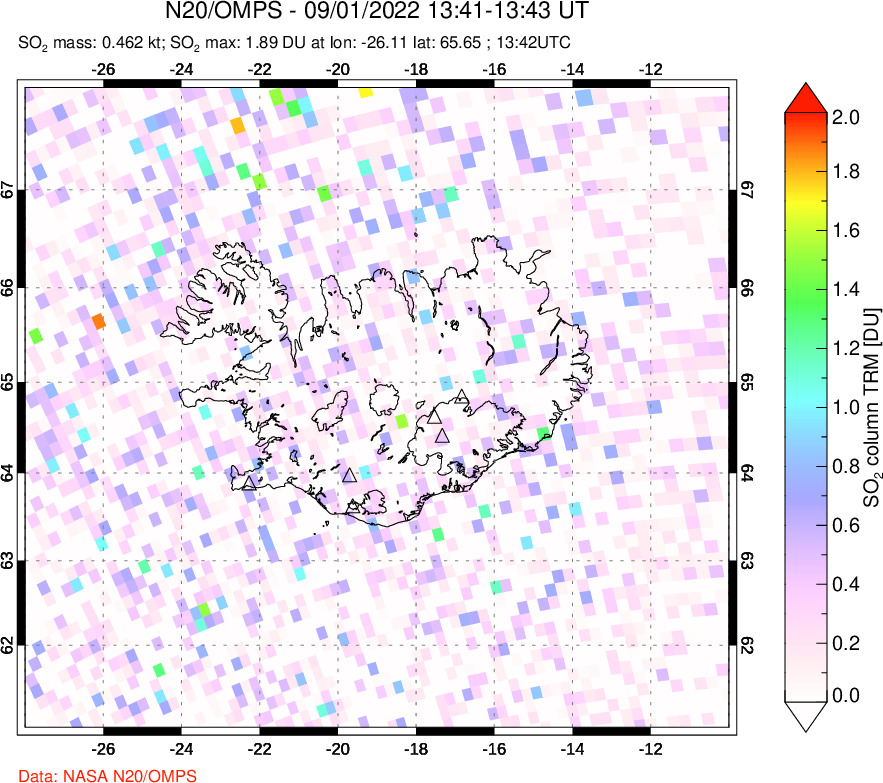 A sulfur dioxide image over Iceland on Sep 01, 2022.