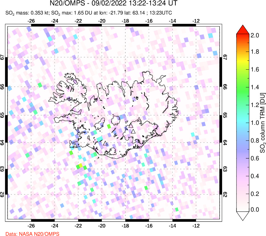 A sulfur dioxide image over Iceland on Sep 02, 2022.