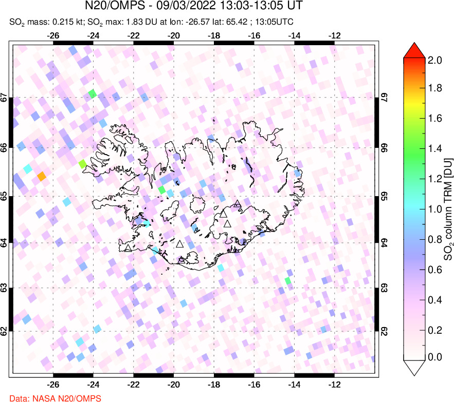 A sulfur dioxide image over Iceland on Sep 03, 2022.