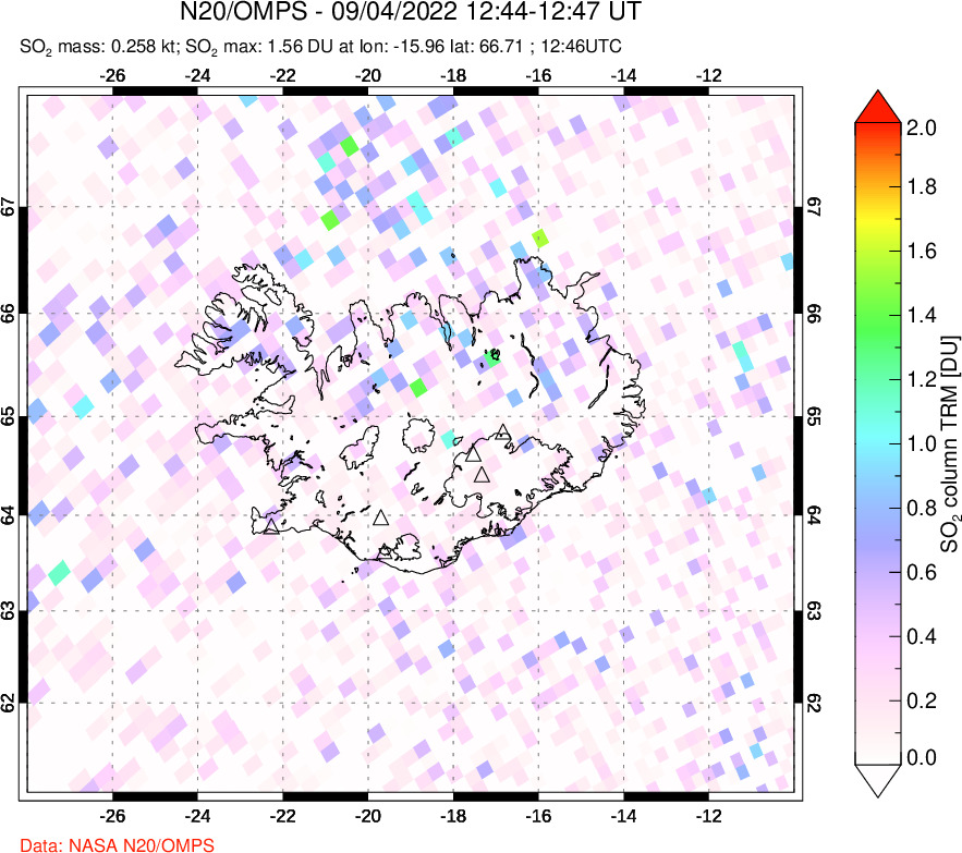 A sulfur dioxide image over Iceland on Sep 04, 2022.