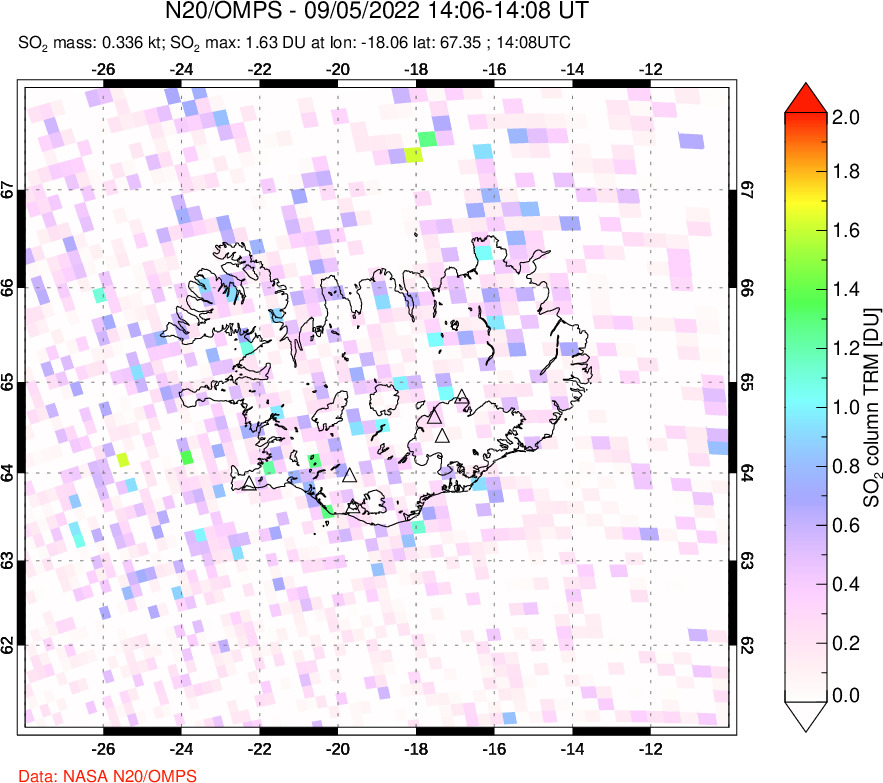 A sulfur dioxide image over Iceland on Sep 05, 2022.