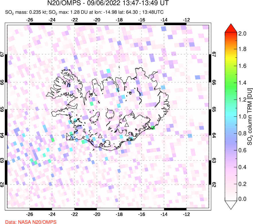 A sulfur dioxide image over Iceland on Sep 06, 2022.