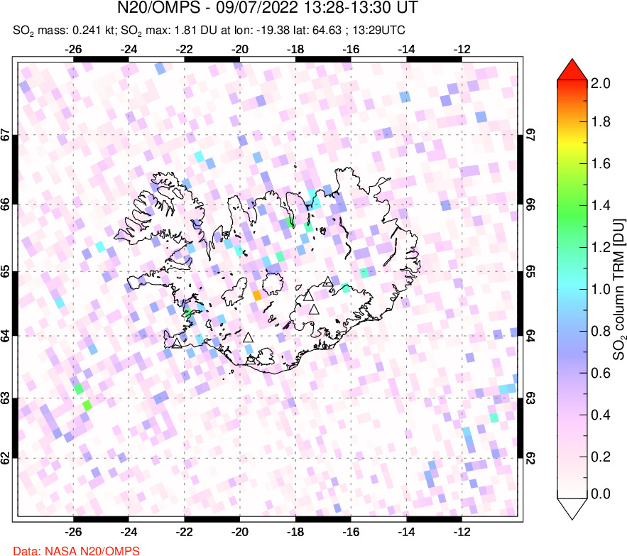 A sulfur dioxide image over Iceland on Sep 07, 2022.