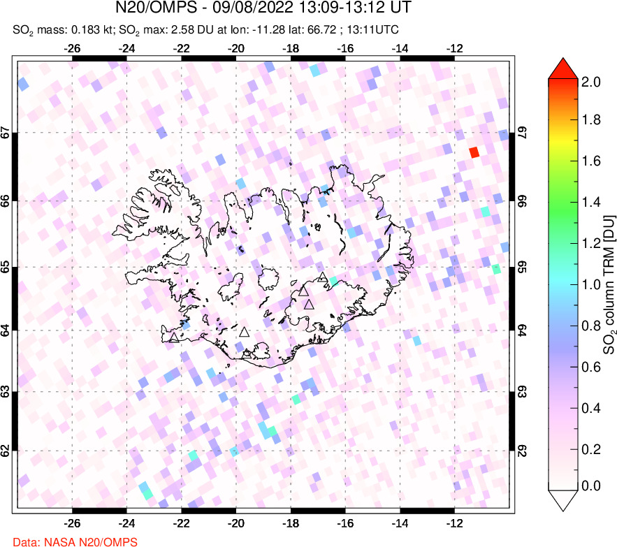 A sulfur dioxide image over Iceland on Sep 08, 2022.