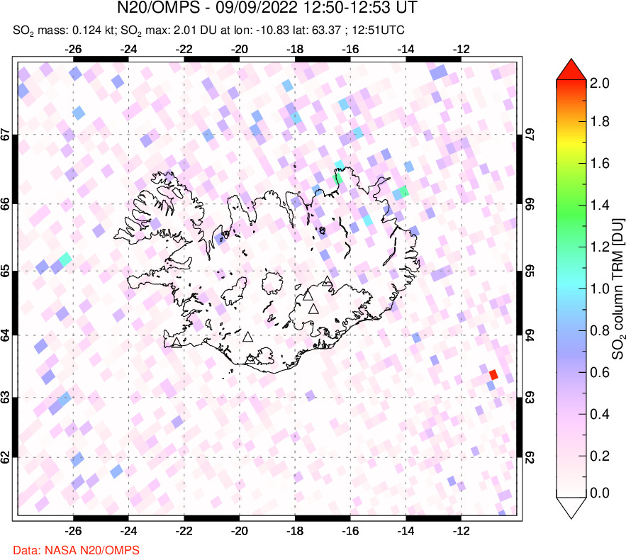 A sulfur dioxide image over Iceland on Sep 09, 2022.