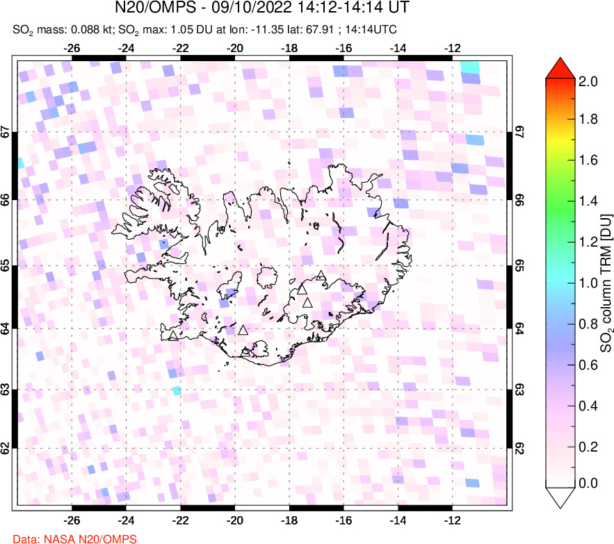 A sulfur dioxide image over Iceland on Sep 10, 2022.