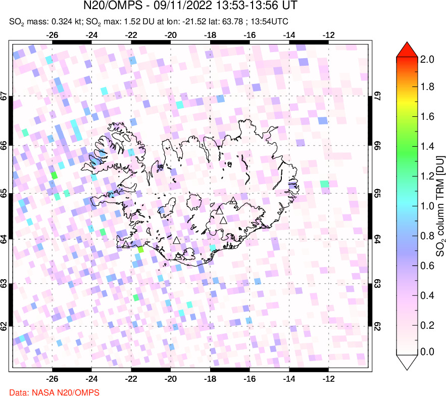 A sulfur dioxide image over Iceland on Sep 11, 2022.