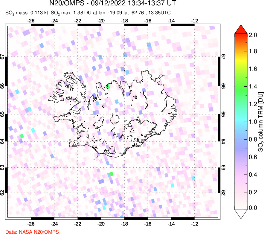 A sulfur dioxide image over Iceland on Sep 12, 2022.