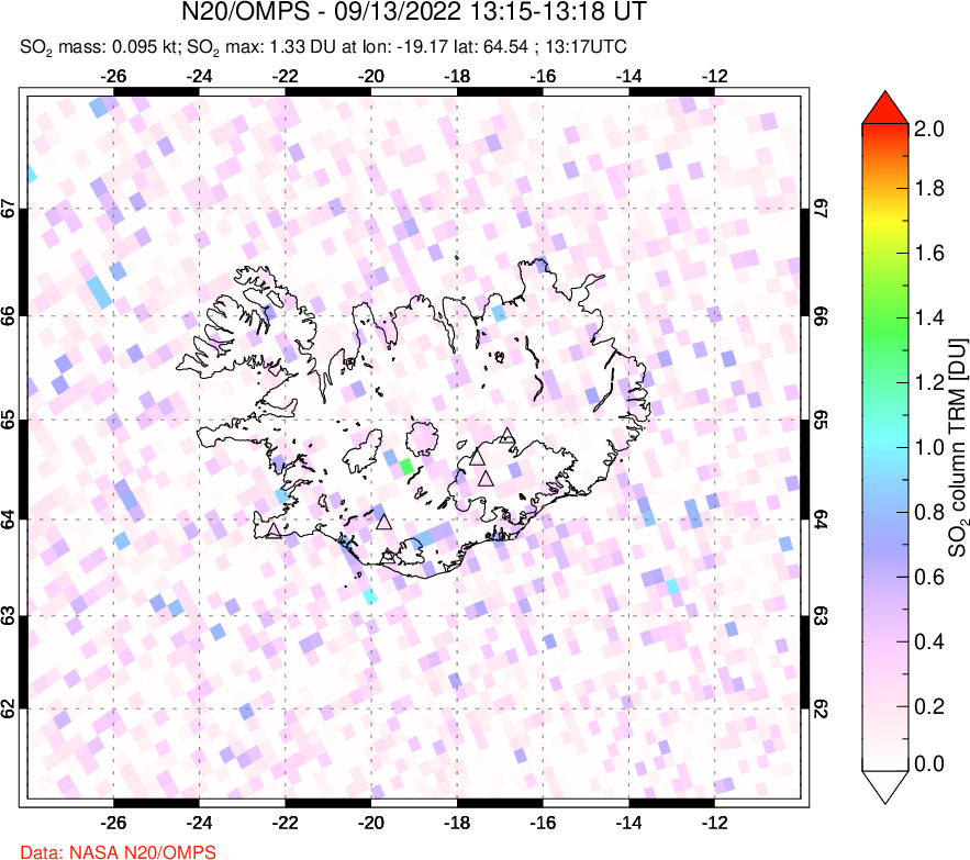 A sulfur dioxide image over Iceland on Sep 13, 2022.