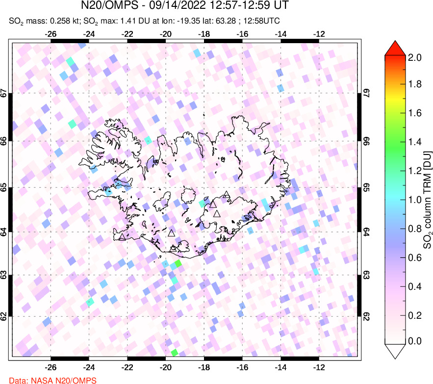 A sulfur dioxide image over Iceland on Sep 14, 2022.