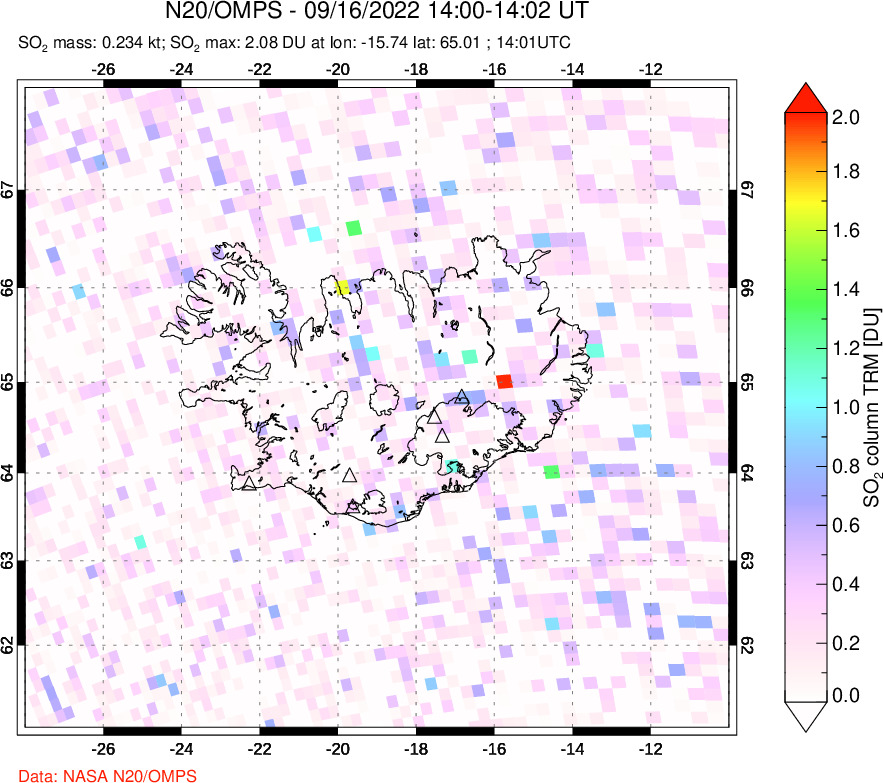 A sulfur dioxide image over Iceland on Sep 16, 2022.