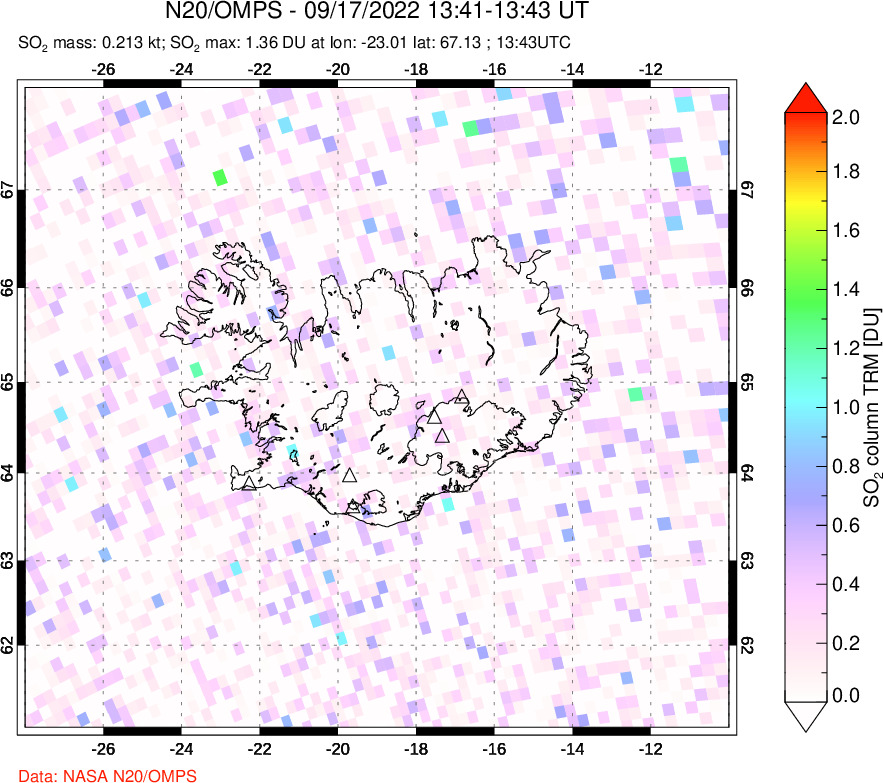 A sulfur dioxide image over Iceland on Sep 17, 2022.