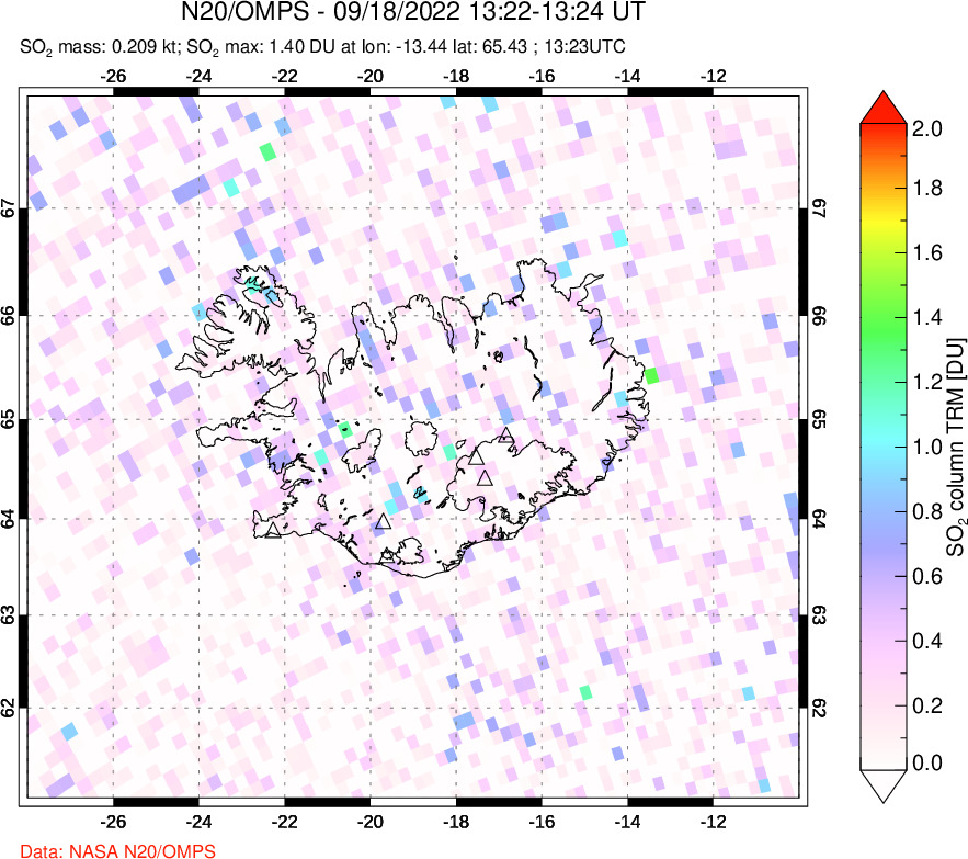 A sulfur dioxide image over Iceland on Sep 18, 2022.