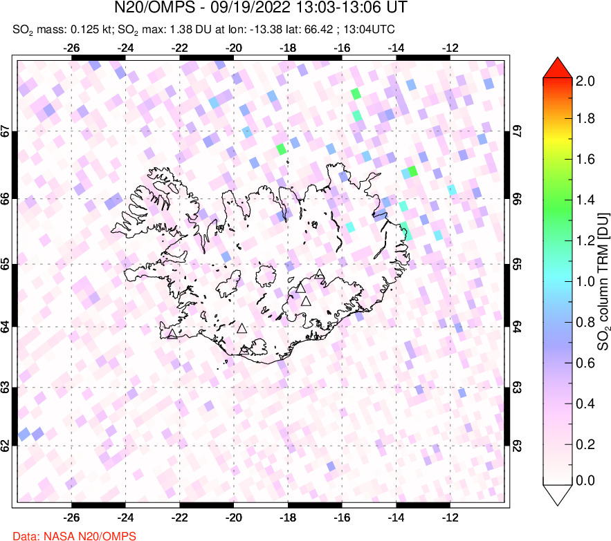 A sulfur dioxide image over Iceland on Sep 19, 2022.