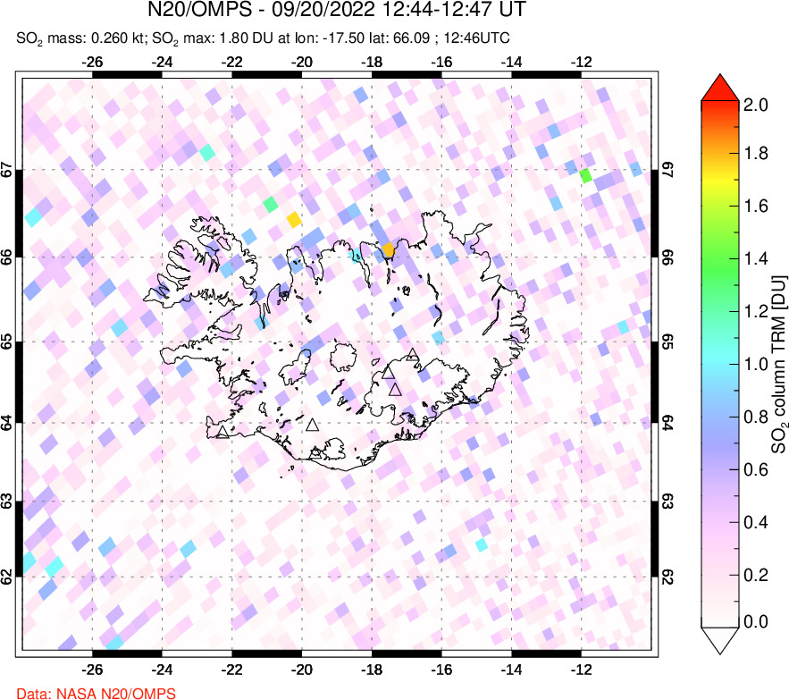 A sulfur dioxide image over Iceland on Sep 20, 2022.