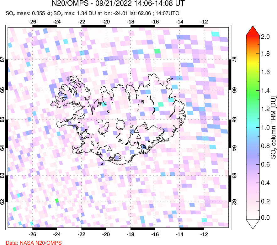 A sulfur dioxide image over Iceland on Sep 21, 2022.