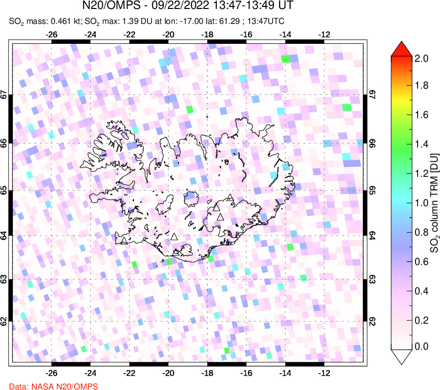 A sulfur dioxide image over Iceland on Sep 22, 2022.