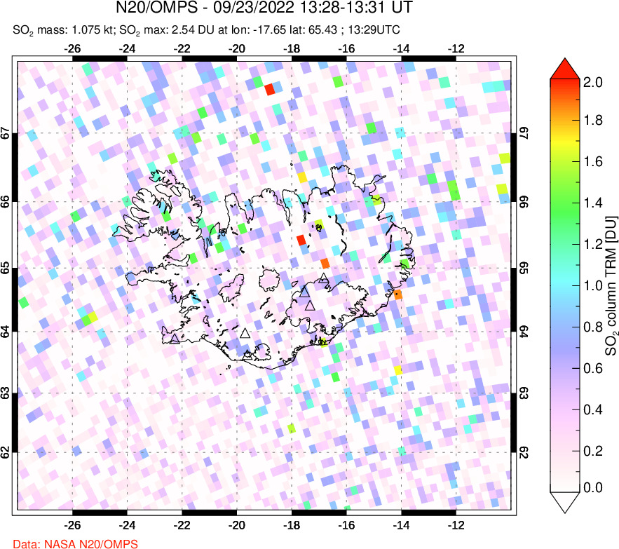 A sulfur dioxide image over Iceland on Sep 23, 2022.