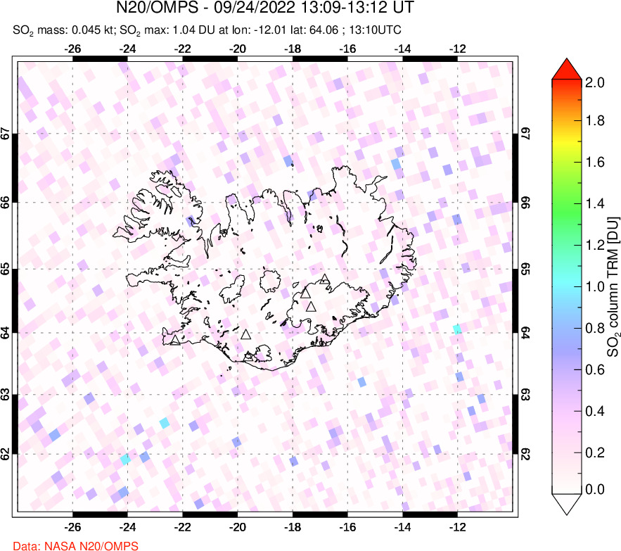 A sulfur dioxide image over Iceland on Sep 24, 2022.