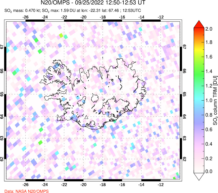 A sulfur dioxide image over Iceland on Sep 25, 2022.