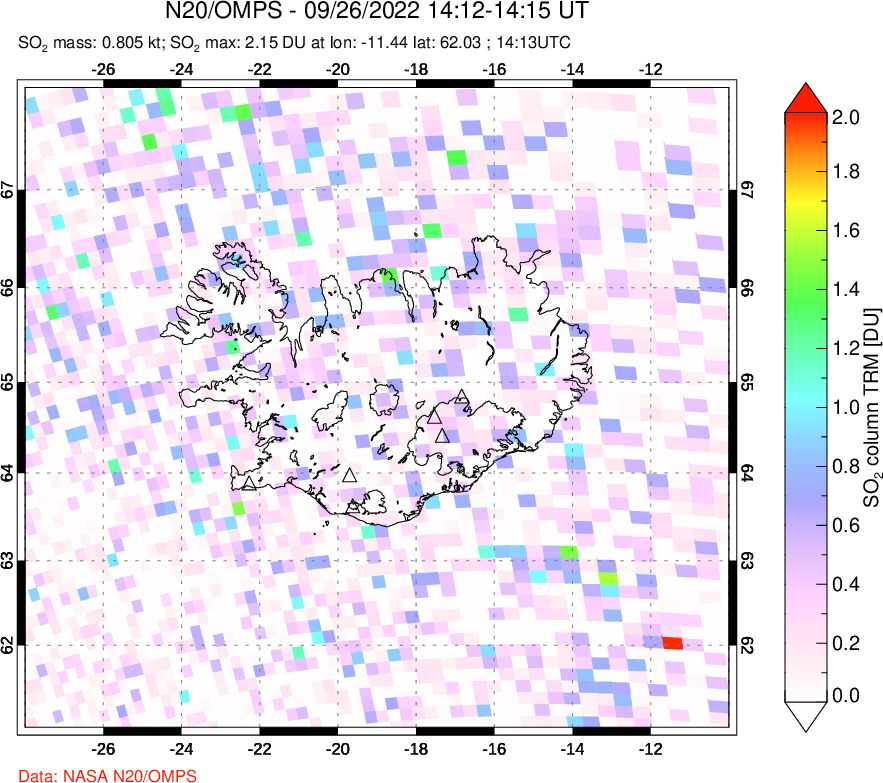 A sulfur dioxide image over Iceland on Sep 26, 2022.