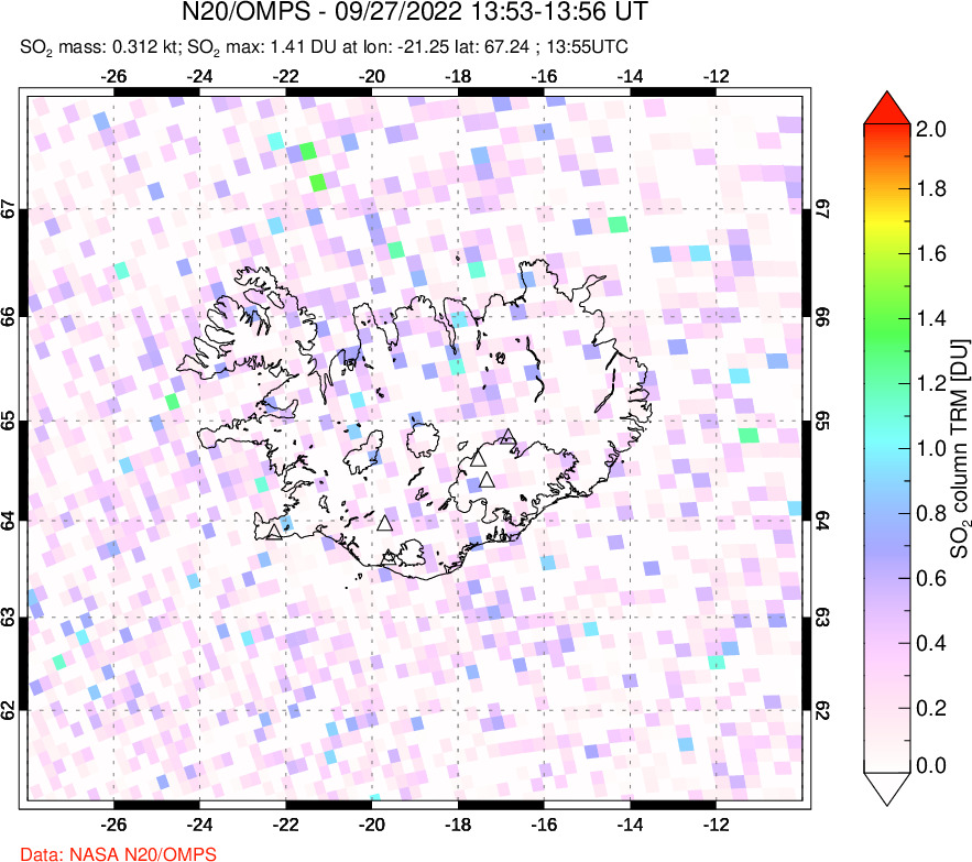 A sulfur dioxide image over Iceland on Sep 27, 2022.