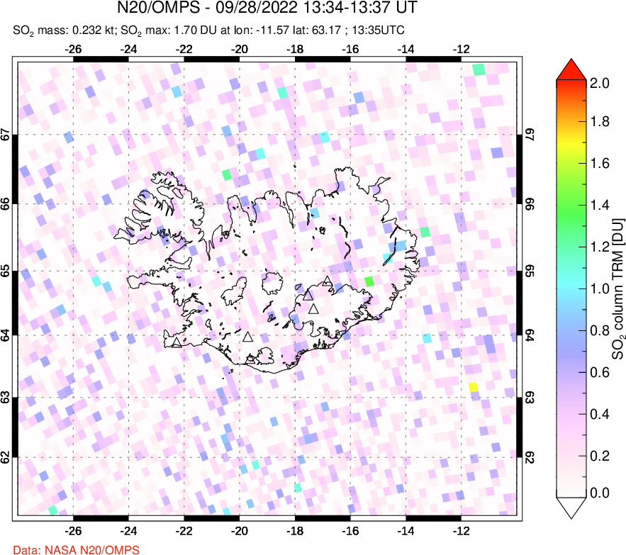 A sulfur dioxide image over Iceland on Sep 28, 2022.