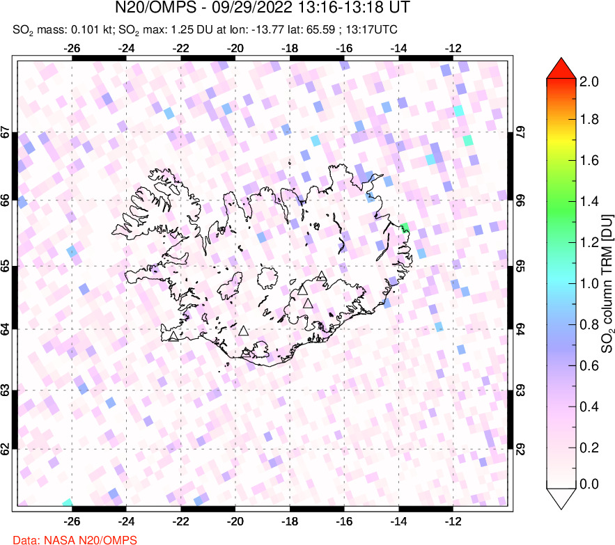 A sulfur dioxide image over Iceland on Sep 29, 2022.